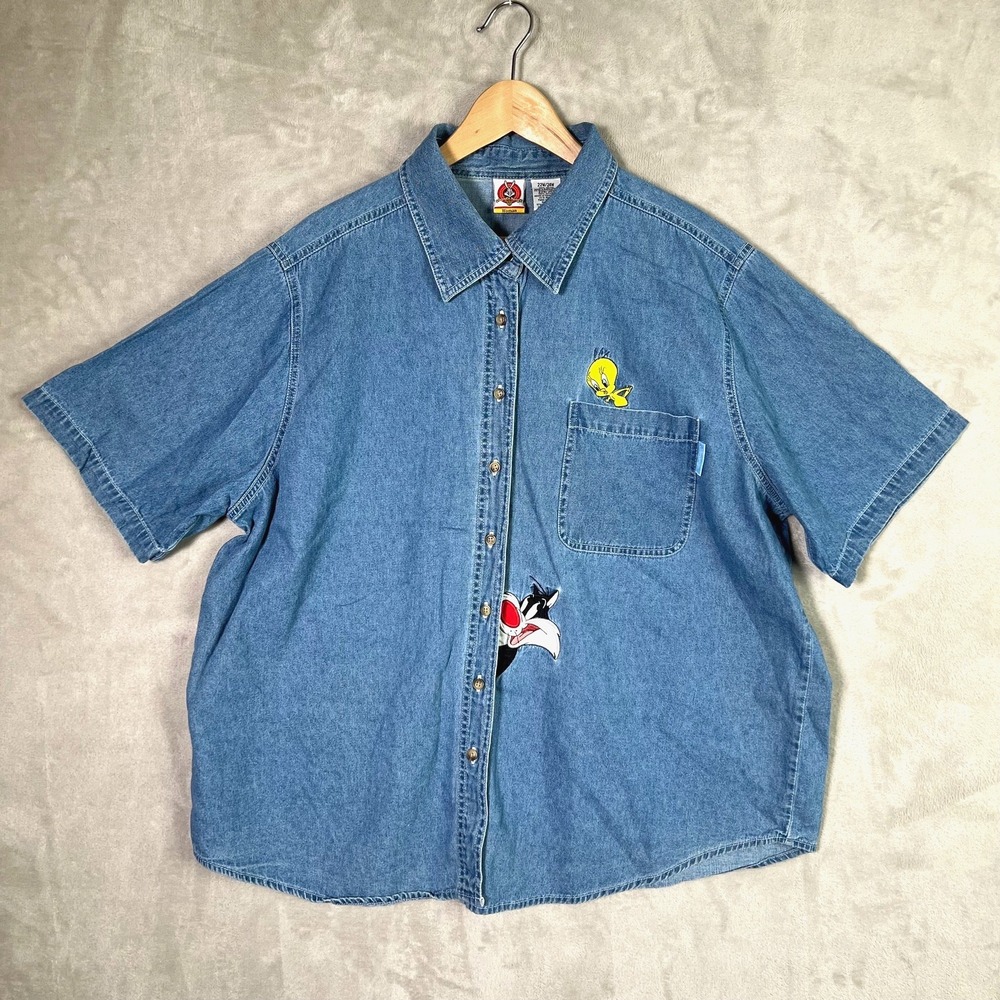 Vtg Looney Tunes Warner Bros Denim Button Shirt Sylvester Tweety Women's 22W/24W
